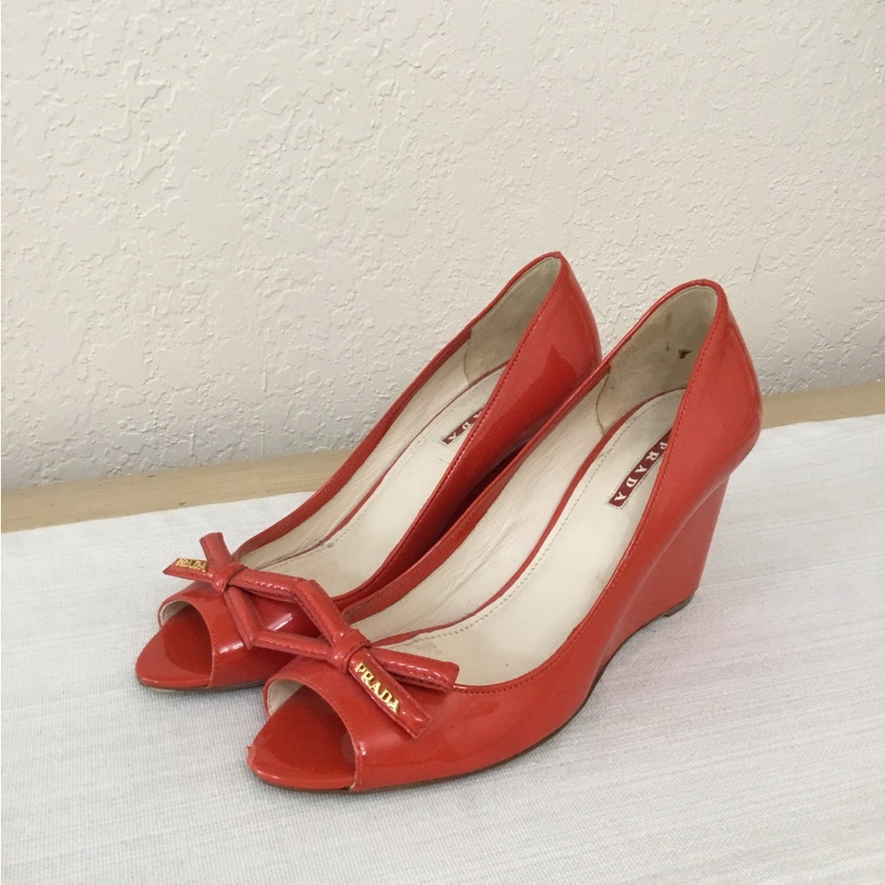 Prada coral Patent Leather Bow Peep Toe Wedge Pumps Size 37